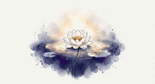 Ilustración simbólica de una flor de loto brillante emergiendo de aguas tranquilas bajo una luz dorada suave, representando la pureza y la esperanza del renacimiento en la Tierra Pura