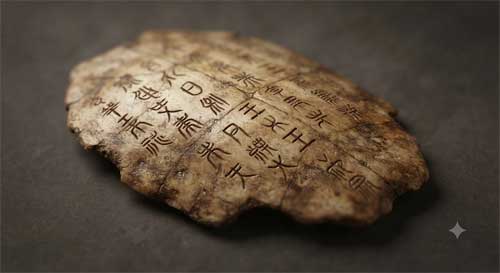Fragmento de caparazón de tortuga con inscripciones oraculares Shang talladas, luz lateral suave resaltando surcos antiguos y textura ósea envejecida, fondo neutro oscuro, atmósfera de voz ancestral emergiendo de materia silenciosa