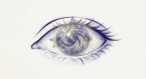 Ilustración abstracta de un ojo estilizado cuyo iris se transforma en un remolino de datos y formas geométricas, representando la proyección de la conciencia sobre la realidad percibida