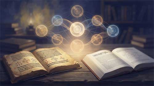 Composición contemplativa en tonos índigo, pergamino envejecido y ámbar suave: escritorio de madera con manuscrito sánscrito-yogācāra abierto junto a monografía académica moderna; encima flotan capas translúcidas de ocho esferas luminosas interconectadas representando vijñānas transformándose mutuamente como agua fluyendo; luz dorada suave brota del espacio entre texto antiguo e interpretación contemporánea