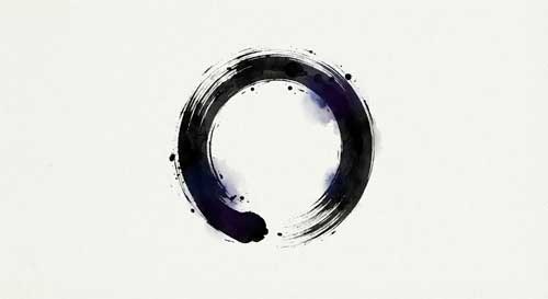Ilustración simbólica de un círculo enso imperfecto dibujado con una sola pincelada de tinta negra, representando la totalidad, el vacío y la espontaneidad del despertar Zen