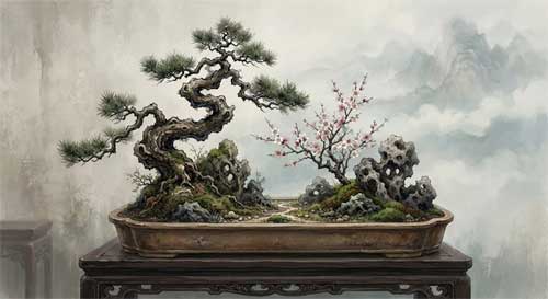Una composición de Penjing estilo paisaje con múltiples árboles, rocas erosionadas y musgo, evocando una pintura tradicional china de montañas y niebla
