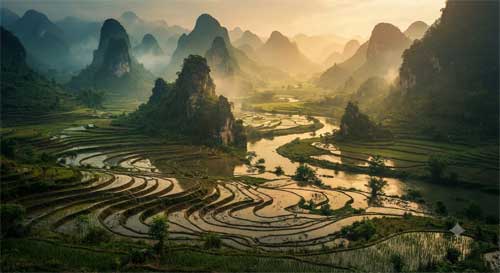 Paisaje kárstico de Guangxi con formaciones rocosas verdes emergiendo de campos de arroz inundados y río serpenteante, luz dorada de atardecer, atmósfera de armonía entre geografía y cultura ancestral