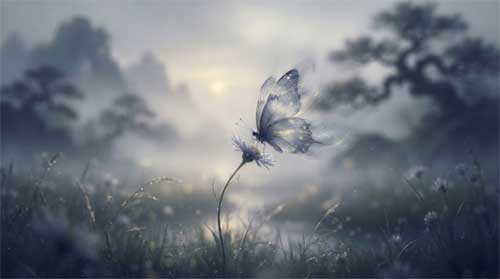 Mariposa etérea posada sobre flor silvestre en paisaje onírico difuso, luz suave crepuscular, atmósfera de transformación y misterio