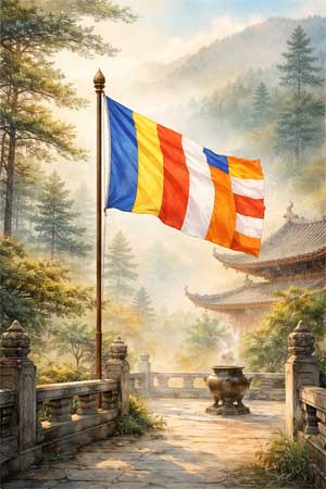 Bandera Budista ondeando con luz suave