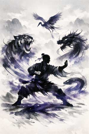 Silueta de practicante fusionándose con sombras de animales