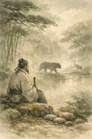 Hua Tuo observando animales en la naturaleza