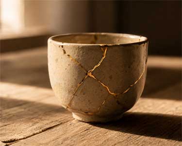 La grieta por donde entra la luz Taza de cerámica reparada con Kintsugi, simbolizando la belleza de la aceptación tras la ruptura.