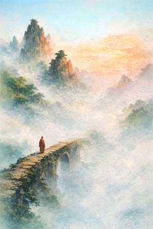 Ilustración estilo pintura china antigua representando la duda y la niebla