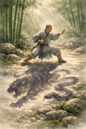 Monje practicando con la sombra de un animal