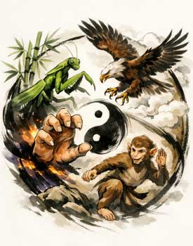 Collage artístico de Mantis, Águila y Mono