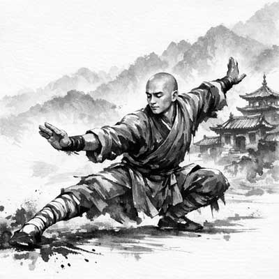 La disciplina marcial como expresión del Ch'an Monje Shaolin en postura de artes marciales, mostrando la unión entre fuerza física y calma espiritual