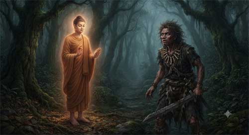 Encuentro sereno entre Buda y el bandido Angulimala en un bosque oscuro