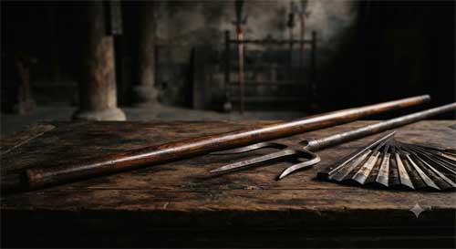 Colección de armas tradicionales chinas como el bastón, el tridente y el abanico de hierro