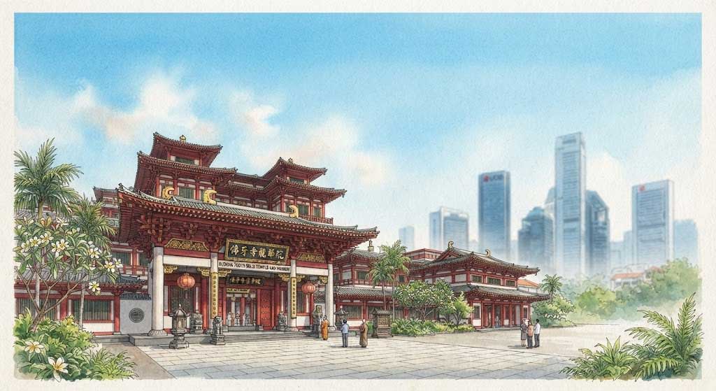 El majestuoso Buddha Tooth Relic Temple en Chinatown, Singapur