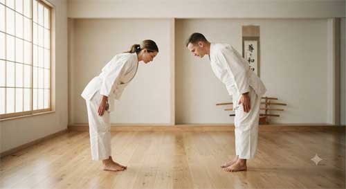 Dos practicantes de artes marciales saludándose con respeto antes de comenzar la práctica