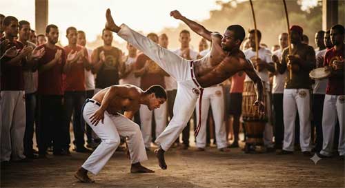 Dos practicantes de capoeira en pleno movimiento acrobático con música de fondo