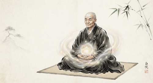 Ilustración estilo japonés de Hakuin meditando con una luz suave emanando de su centro corporal