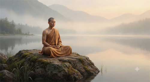 Monje budista en postura de meditación serena en un entorno natural tranquilo