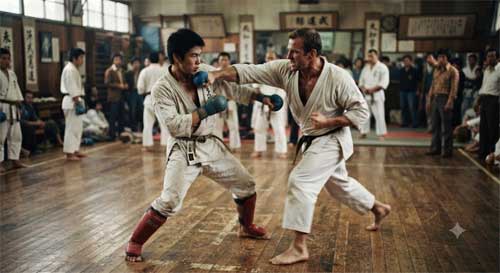 Dos practicantes de karate en pleno combate con equipamiento de protección