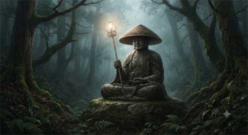 Estatua de Kṣitigarbha (Jizō) con su bastón y sombrero, sentado pacíficamente en un paisaje oscuro pero sereno