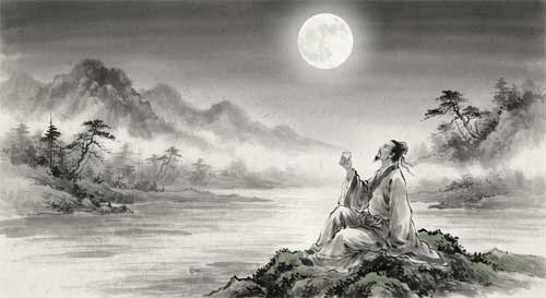 Ilustración estilo tinta china de un poeta antiguo contemplando la luna sobre un río