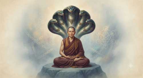 Representación artística de Nagarjuna meditando bajo una serpiente Naga, con símbolos de lógica flotando suavemente