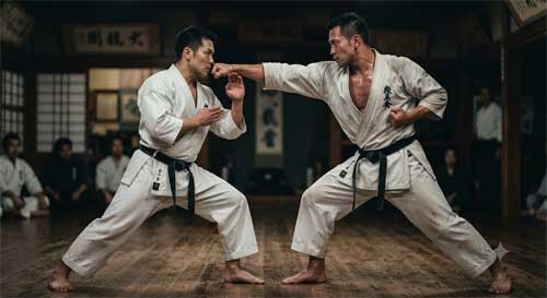 Dos practicantes de karate en posición de kumite, uno deteniendo su puño a milímetros del rostro del otro