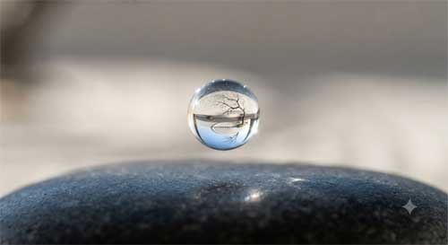 Representación artística minimalista de una gota de agua perfecta reflejando un entorno nítido