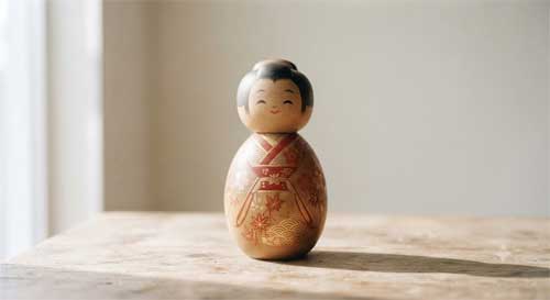 Muñeca japonesa Okiagari Koboshi de pie sobre una superficie de madera clara con luz suave