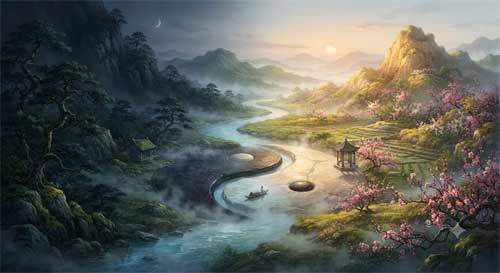 Representación artística del Yin y Yang integrado en un paisaje natural sereno