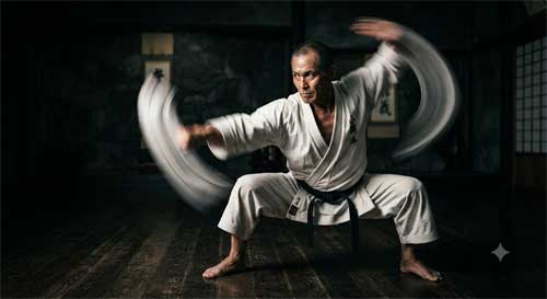 Practicante de Shorin-Ryu ejecutando un bloqueo y contraataque simultáneo