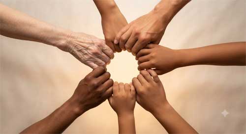 Representación artística de un círculo de personas o manos entrelazadas simbolizando comunidad y reciprocidad