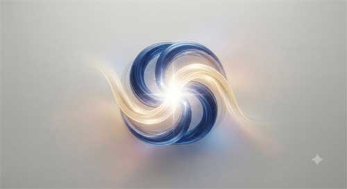 Representación artística de dos corrientes de energía o luz convergiendo en un punto de equilibrio perfecto