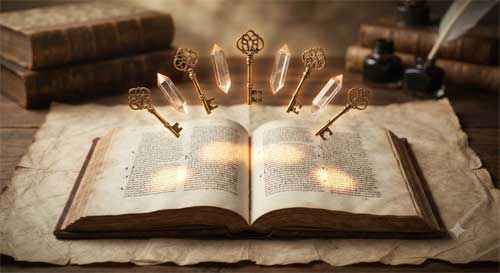 Representación artística de un manuscrito antiguo abierto con símbolos de interpretación o llaves doradas