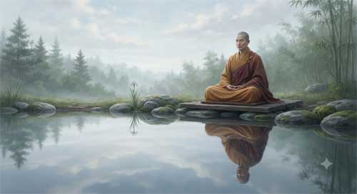 Monje meditando serenamente junto a un estanque tranquilo reflejando el cielo