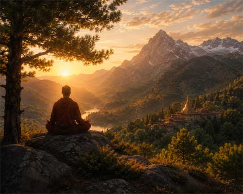 Paisaje sereno de meditación en la naturaleza, simbolizando los retiros de junio en España