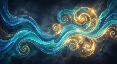 Ondas de agua fluidas y espirales doradas que se entrelazan formando un patrón orgánico infinito, simbolizando la filosofía del flujo de Watts
