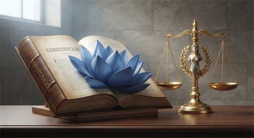 Retrato estilizado de B.R. Ambedkar con una copia de la Constitución india y una rueda del Dharma azul, simbolizando la unión de ley y espiritualidad
