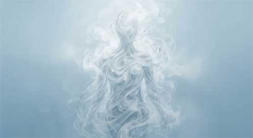 Remolino de agua o humo que forma temporalmente una silueta humana antes de disolverse, simbolizando la naturaleza fluida y sin esencia del yo