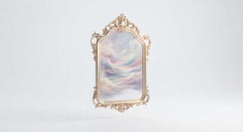Representación artística de un espejo brillante reflejando nubes pasajeras, simbolizando la conciencia almacén y la proyección mental