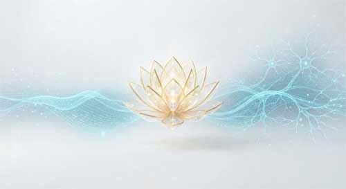 Composición conceptual que fusiona ondas cerebrales digitales con un loto tibetano estilizado, simbolizando el diálogo entre neurociencia y meditación