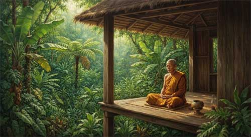 Monje tailandés meditando en una cabaña de madera sencilla rodeada de selva tropical densa, simbolizando la simplicidad y la conexión con la naturaleza de Buddhadasa