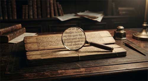 Manuscrito antiguo en hoja de palma abierto con comentarios detallados al margen, junto a una lupa moderna, simbolizando el estudio riguroso