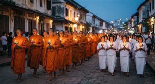 Grupo de monjes y laicos marchando pacíficamente con velas y flores de loto, simbolizando la protesta no violenta y la presencia consciente