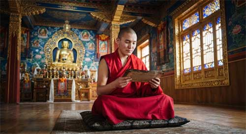 Monje joven mongol con túnica roja estudiando textos antiguos en un templo restaurado con arquitectura tradicional azul y dorada
