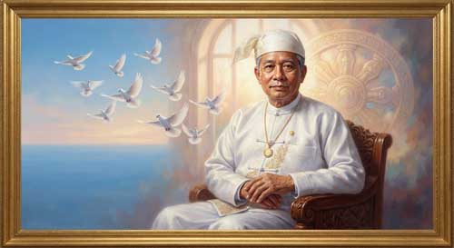 Retrato estilizado de U Nu con fondo de la bandera birmana antigua y símbolos de paz, representando la unión de política y espiritualidad