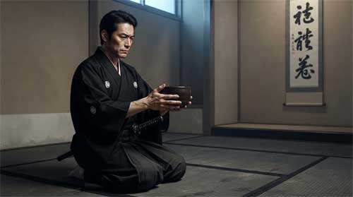 Samurái arrodillado en posición seiza formal vistiendo kamishimo negro con mon familiar, sosteniendo cuenco de té Seto oscuro con ambas manos firmes, espada corta wakizashi visible junto a cadera, sala amplia con tatami oscuros y tokonoma con rollo caligráfico de caracteres fuertes