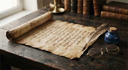 Manuscrito antiguo mongol con escritura vertical tradicional sobre una mesa de madera rústica, con una pluma de ave y tinta seca al lado