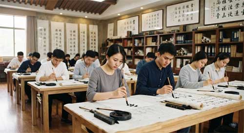 Interior de un aula tradicional china con estudiantes practicando caligrafía sobre mesas largas, rodeados de rollos de papel y pinceles